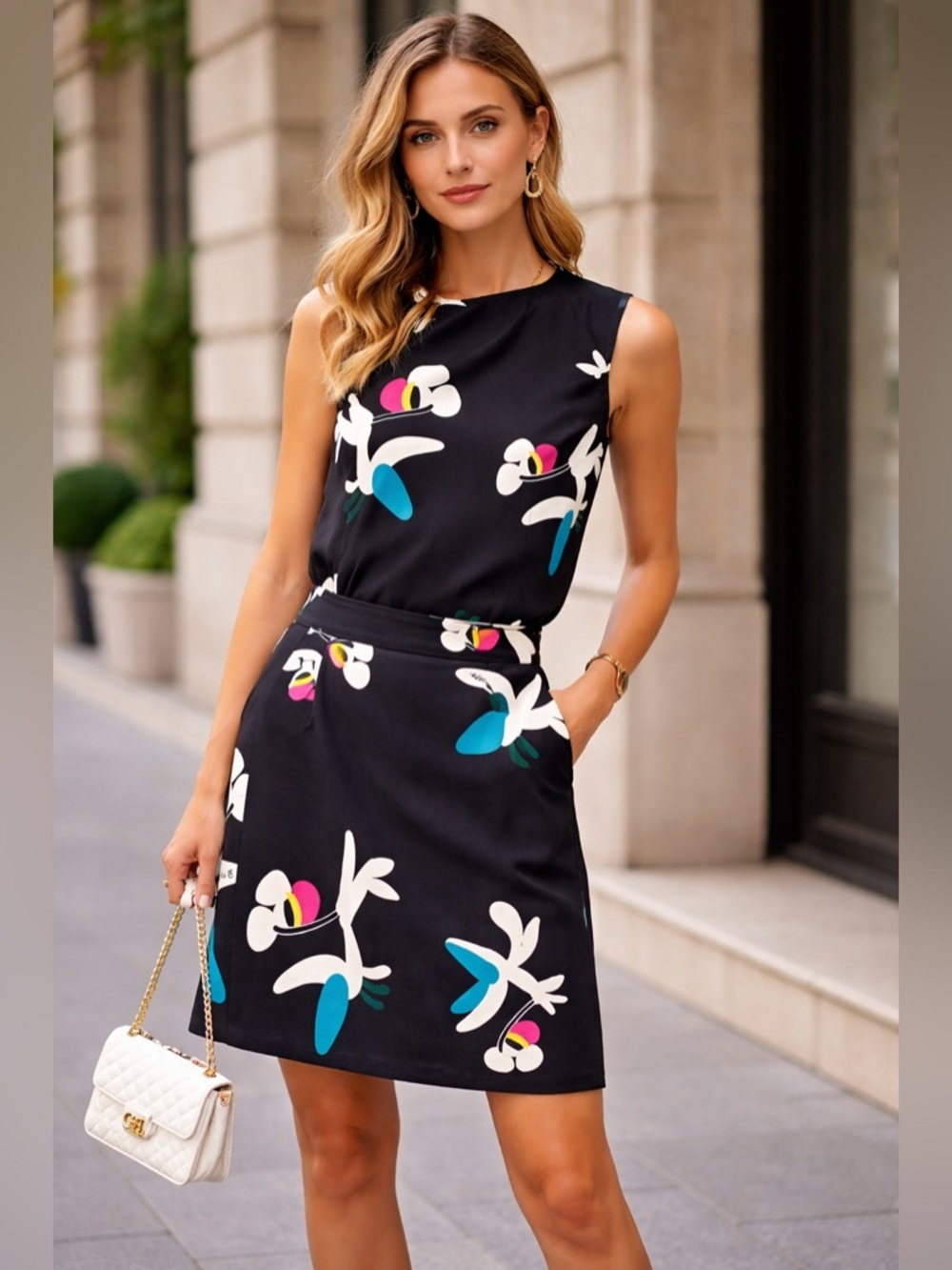 CHANEL Black Floral Print Mini Dress with White and Teal Accents
